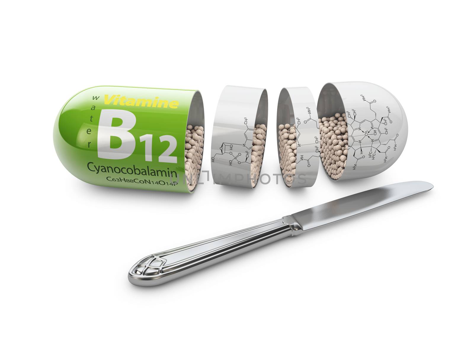 B12 Vitamins supplements as a capsule 3D illustration elements. by tussik