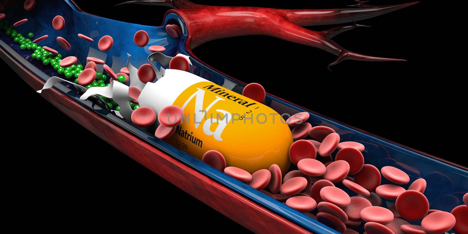 3d Illustration of Mineral Natrium Capsule dissolves in the vien by tussik