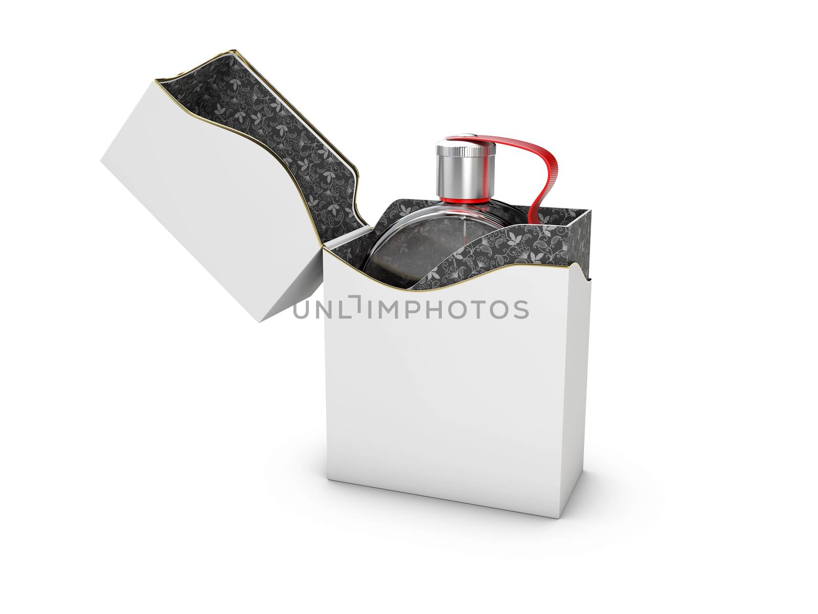 Perfume bottle in black and white box on white background. Concept of new scent promotion. 3d rendering