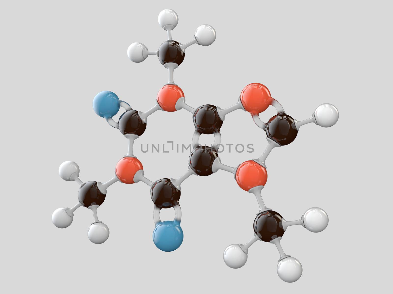 3d Illustration of Caffeine molecular model isolated grey background.