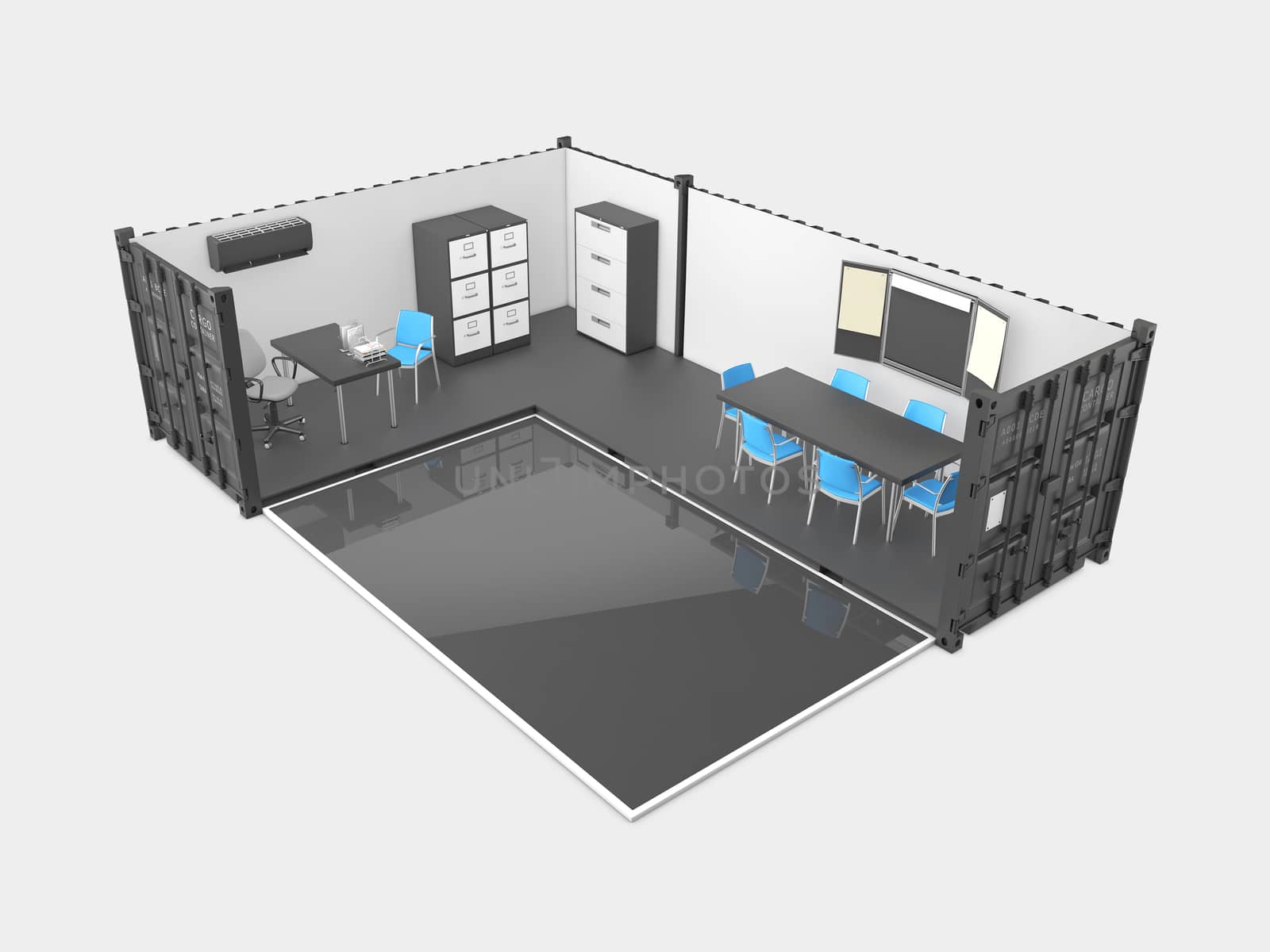 3d Illustration of Converted old shipping container, isolated gray.
