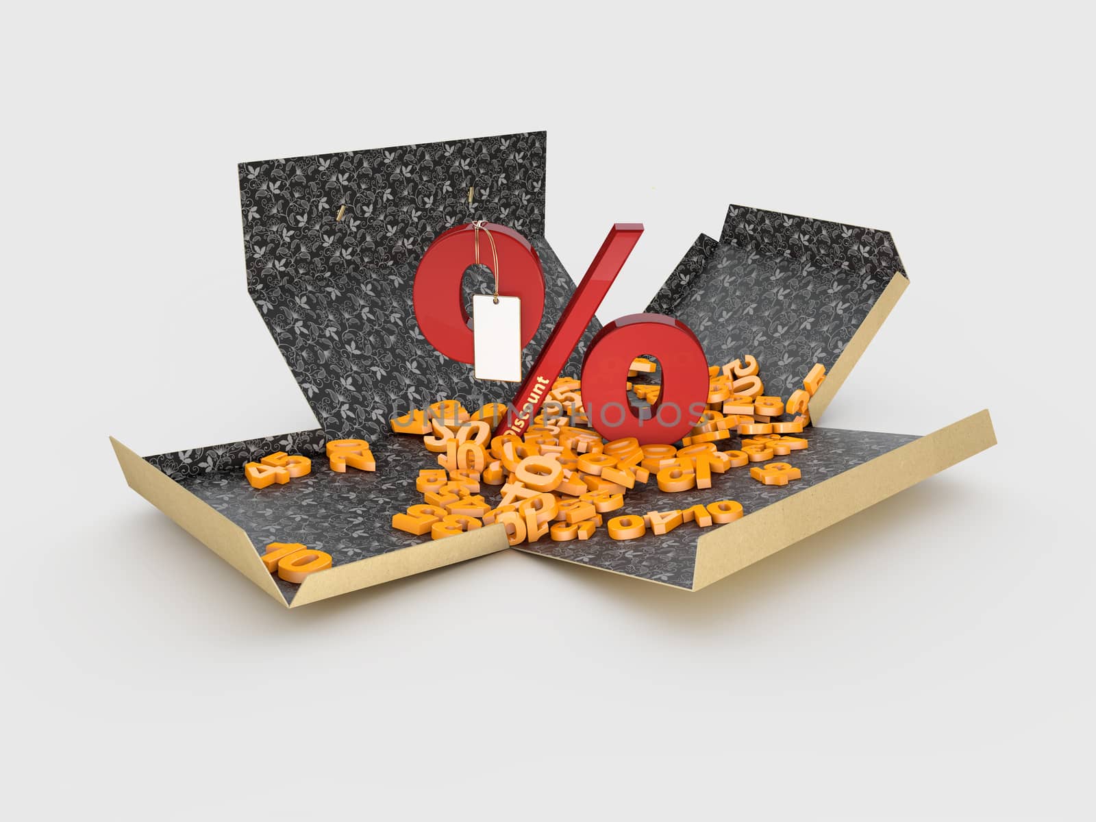 3d Illustration of Open cardboard box with percent sign on white background by tussik