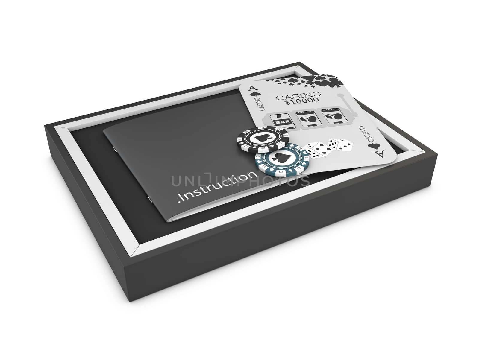 Opened rectangular box with casino chips and poker card on white background, 3d rendering.