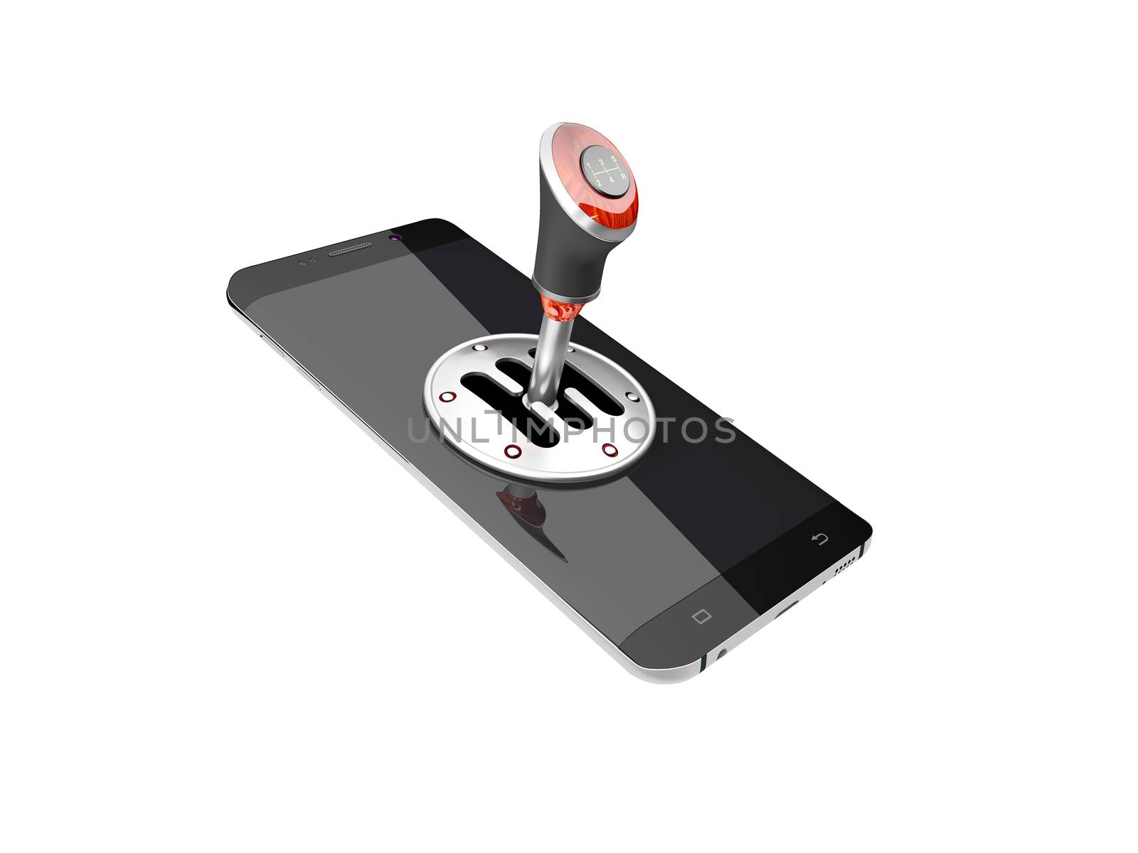 Mobile phone with gear stick isolated on white background 3D illustration