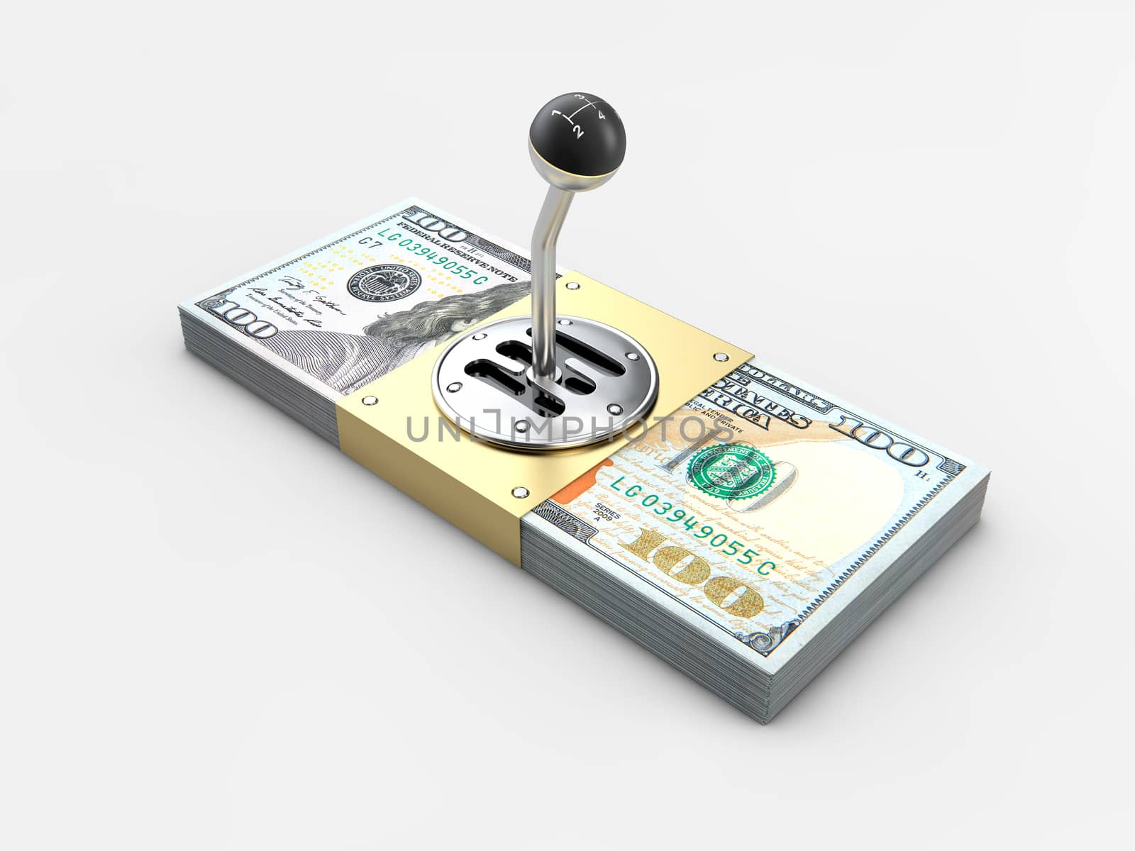 Gearshift on stack of money isolated on gray background. 3d illustration.