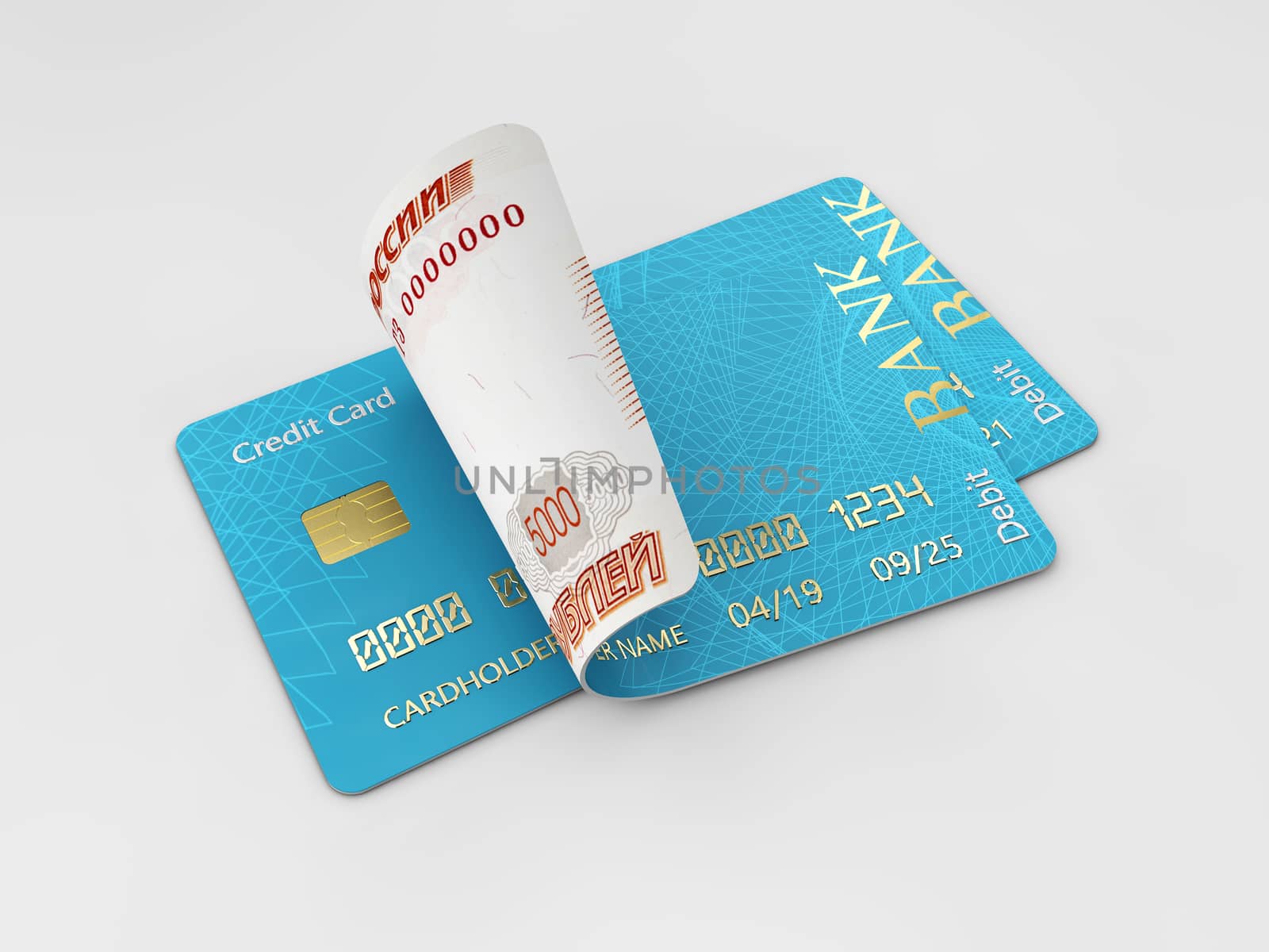3D illustration of glossy blue credit card and ruble banknote isolated on gray background.