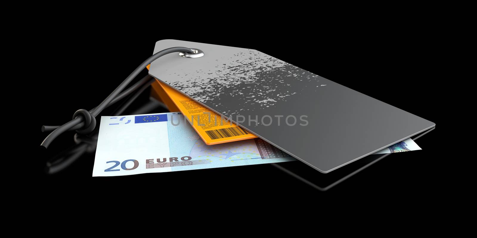 3d Illustration of gray and orange price labels with money isolated black.