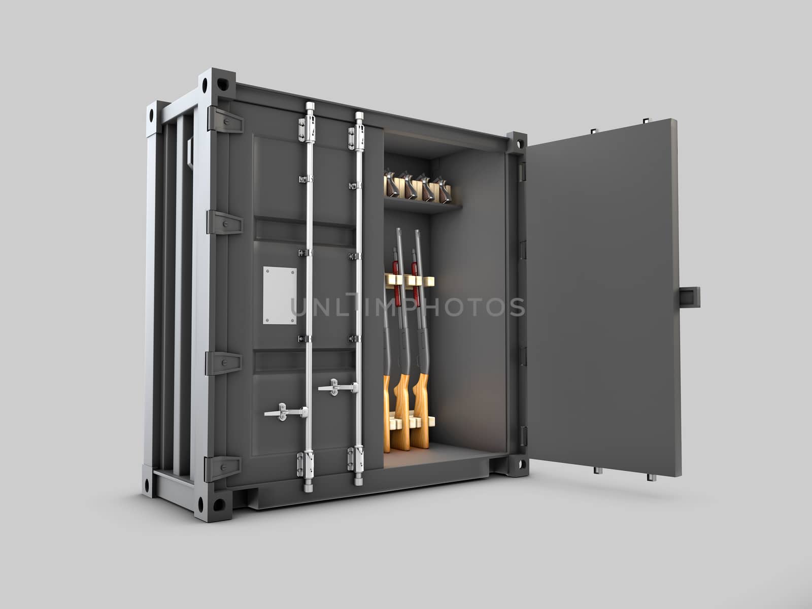 3d Illustration of Gun safe in the form of a container on gray background by tussik