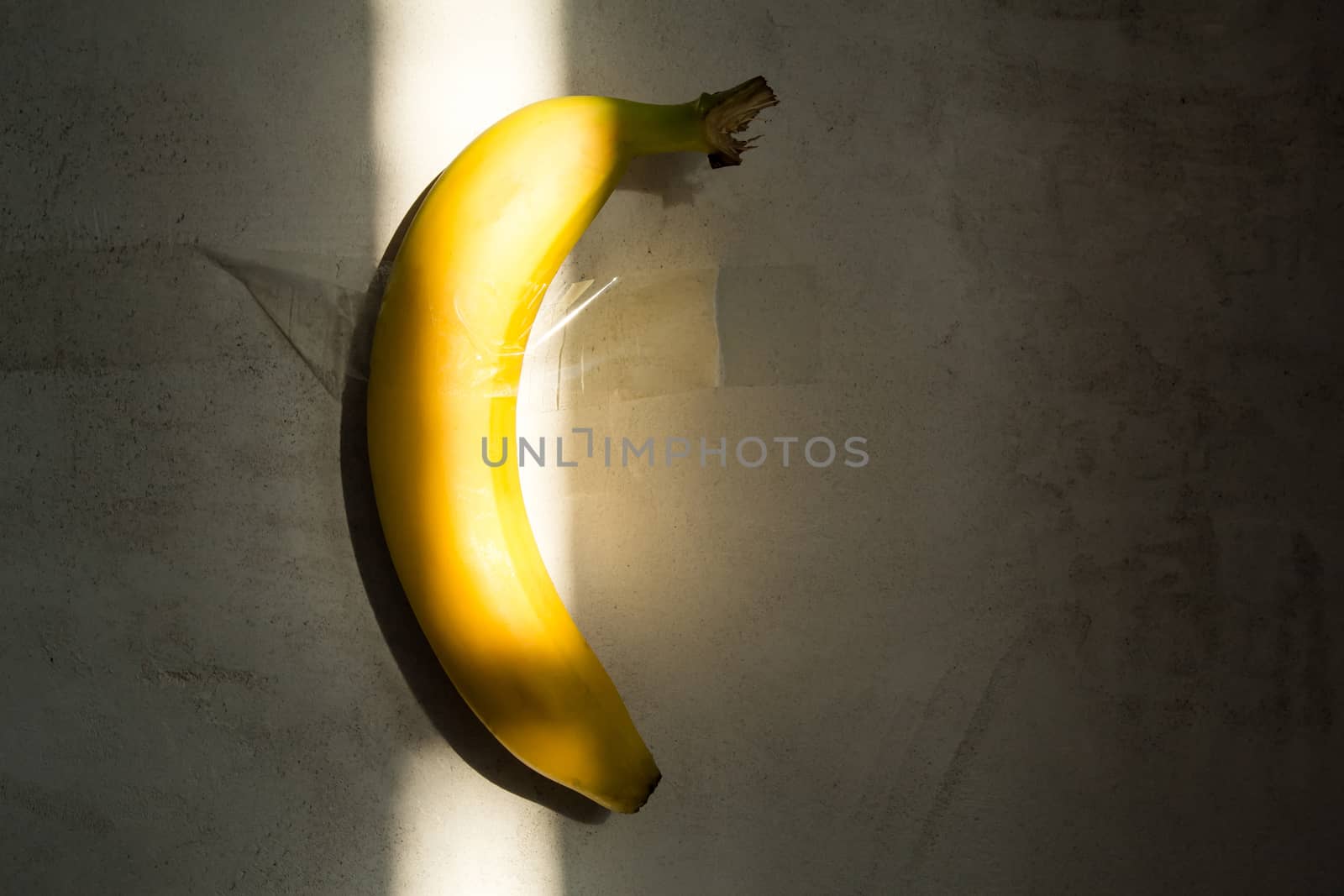 Yellow banana hanging on a concrete wall with a ray of sunlight. A banana taped to the wall