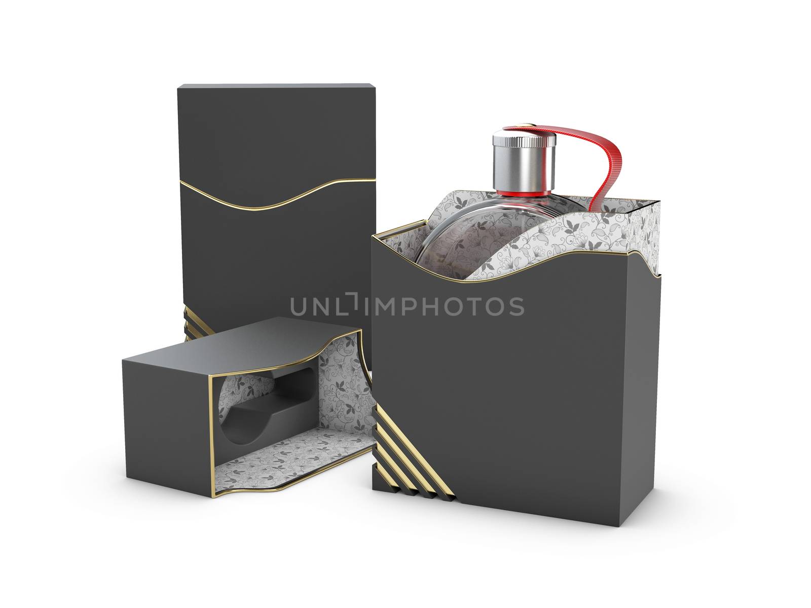 Perfume bottle in black and white box on white background. Concept of new scent promotion. 3d rendering by tussik