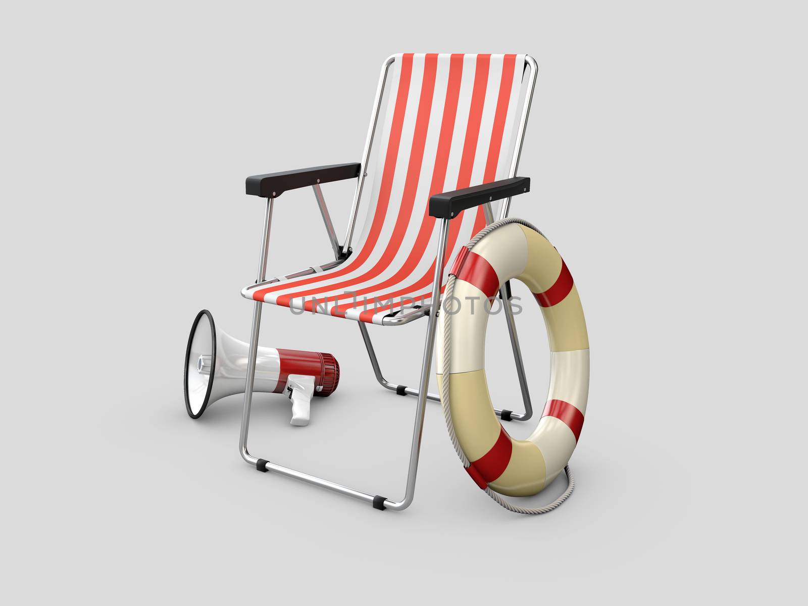 3d Illustration of Lifeguard chair with Lifebuoy and megaphone,isolated on gray background by tussik
