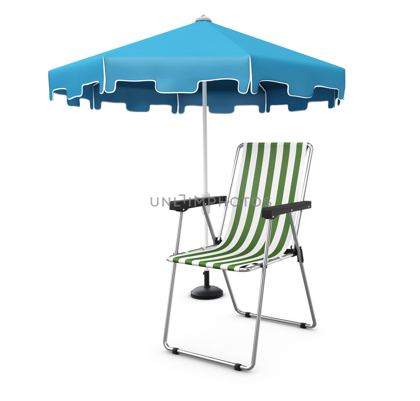 Vacation and travel concept. Beach umbrella, beach chair 3d Illustration by tussik