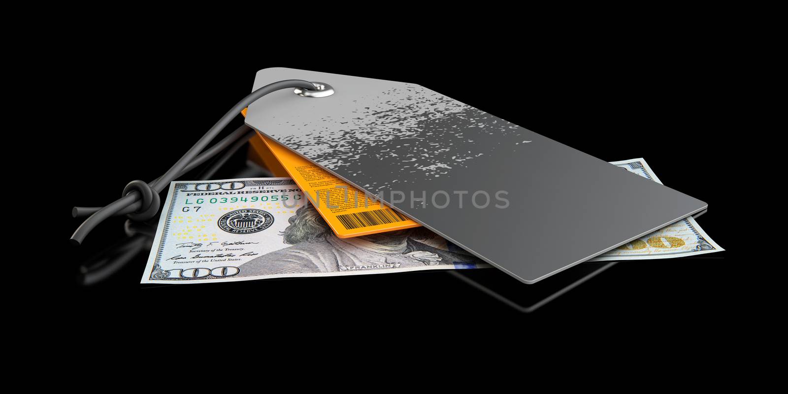 3d Illustration of gray and orange price labels with money isolated black by tussik