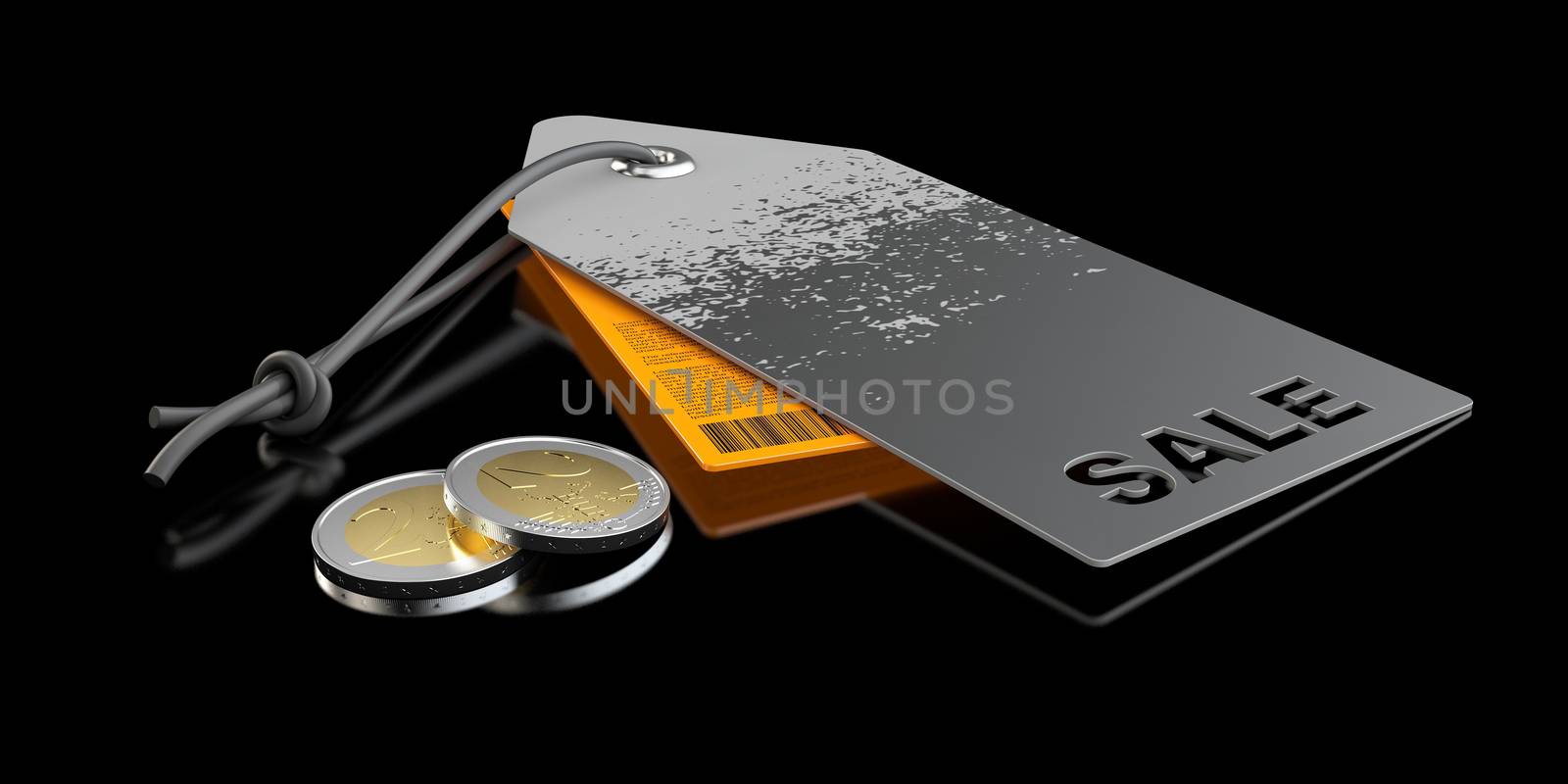 3d Illustration of gray and orange price labels with euro coins isolated black.