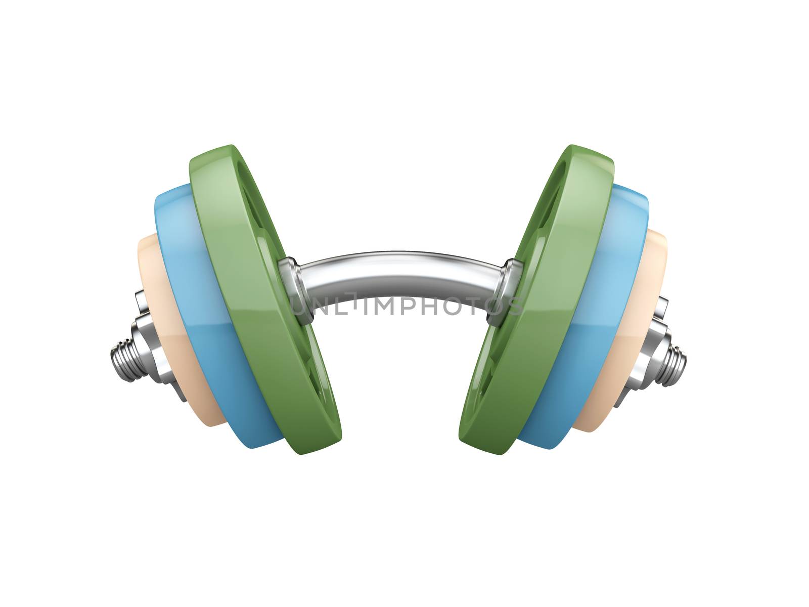 metal dumbbell for fitness with chrome silver handle isolated on white background. 3d Illustration by tussik