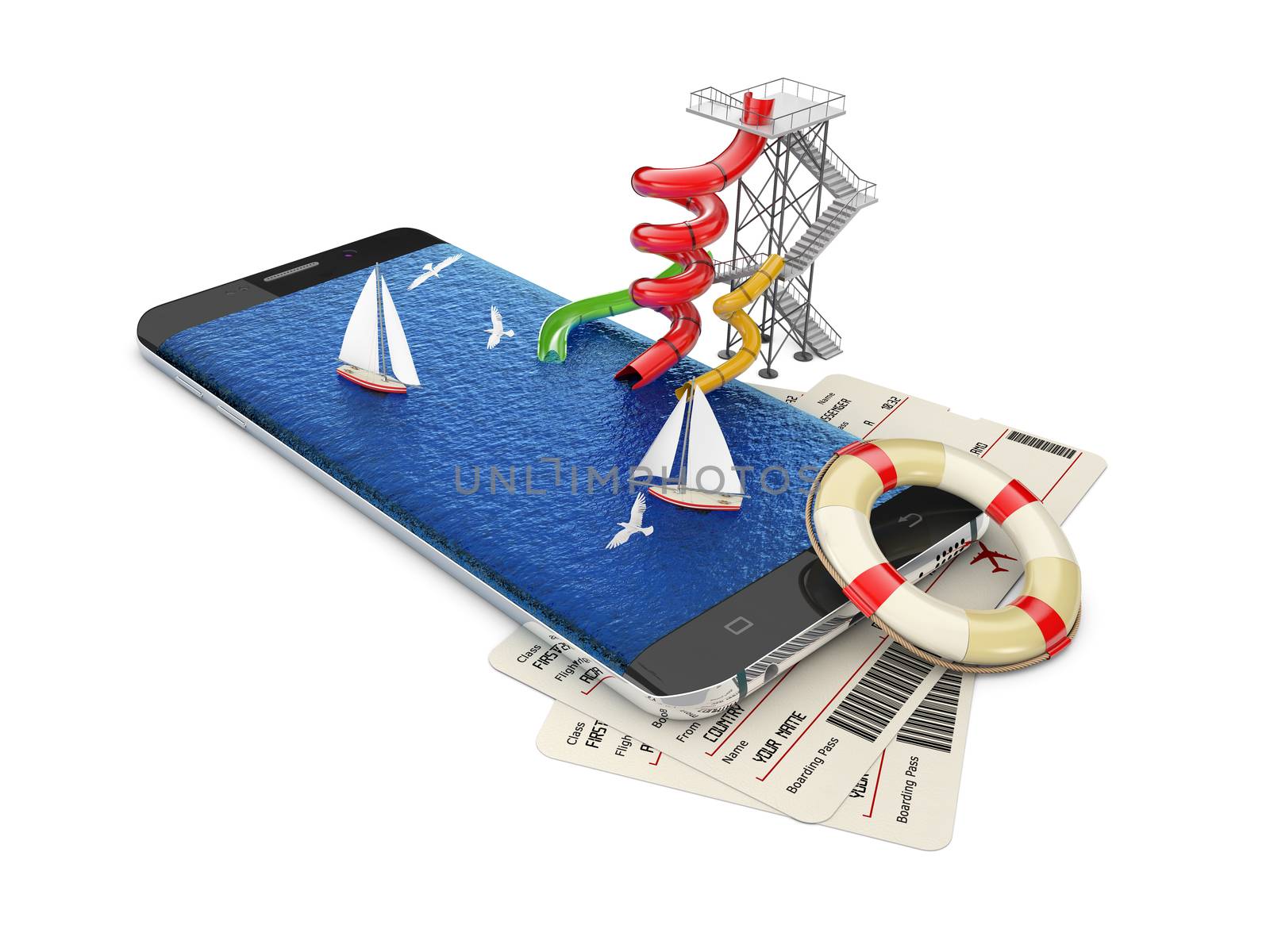 3d illustration of smartphone with sailboats on the water and aquapark, On-line Travel Concept