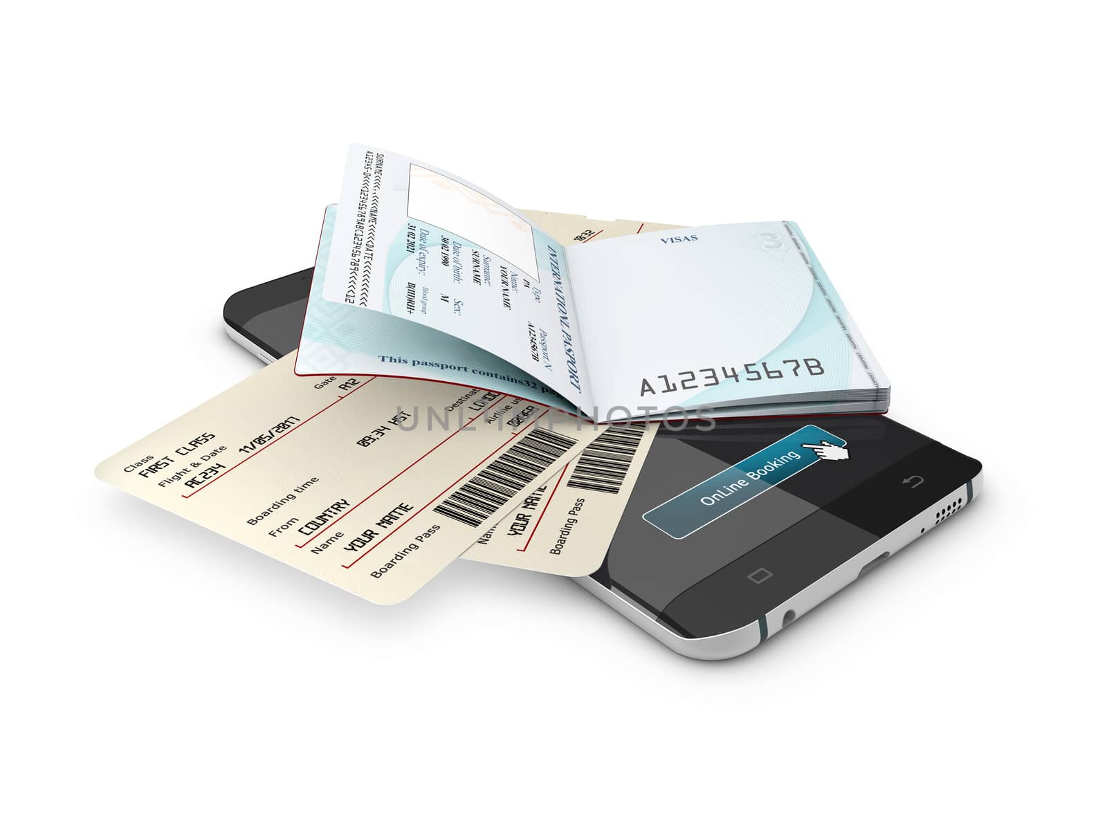 Mobile phone with Passport and Tickets on white background.