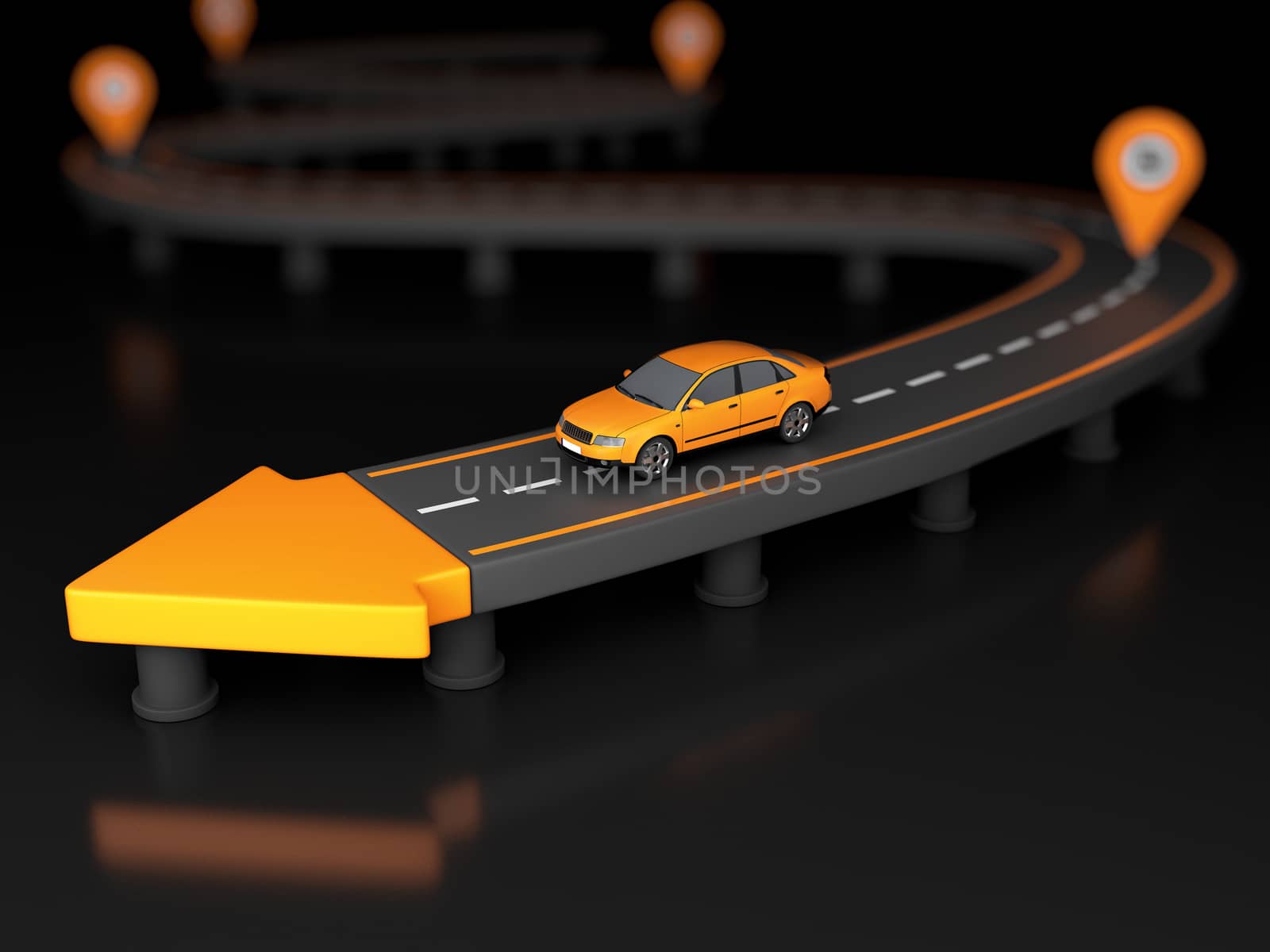 3d Illustration of highway arrow at the end of a road with car and checkpoints by tussik