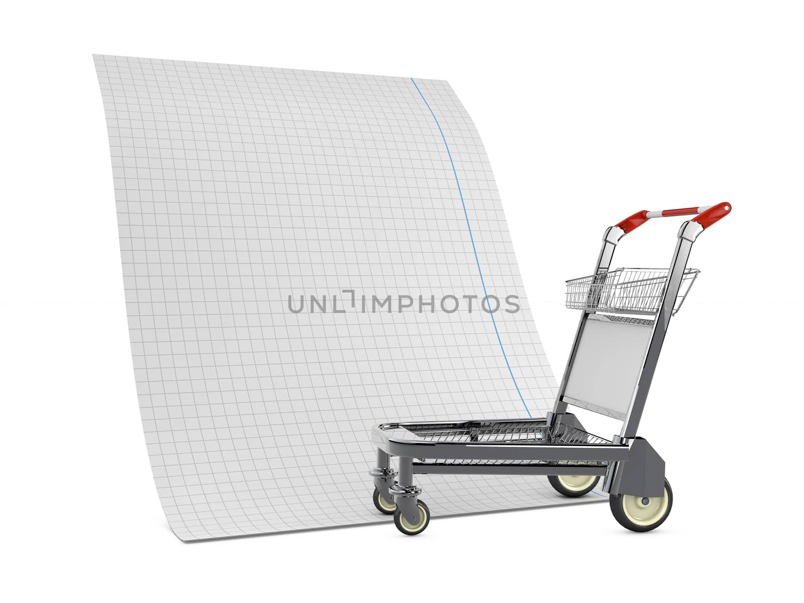 3d Illustration of matal shopping trolley with hopping list isolated on white by tussik