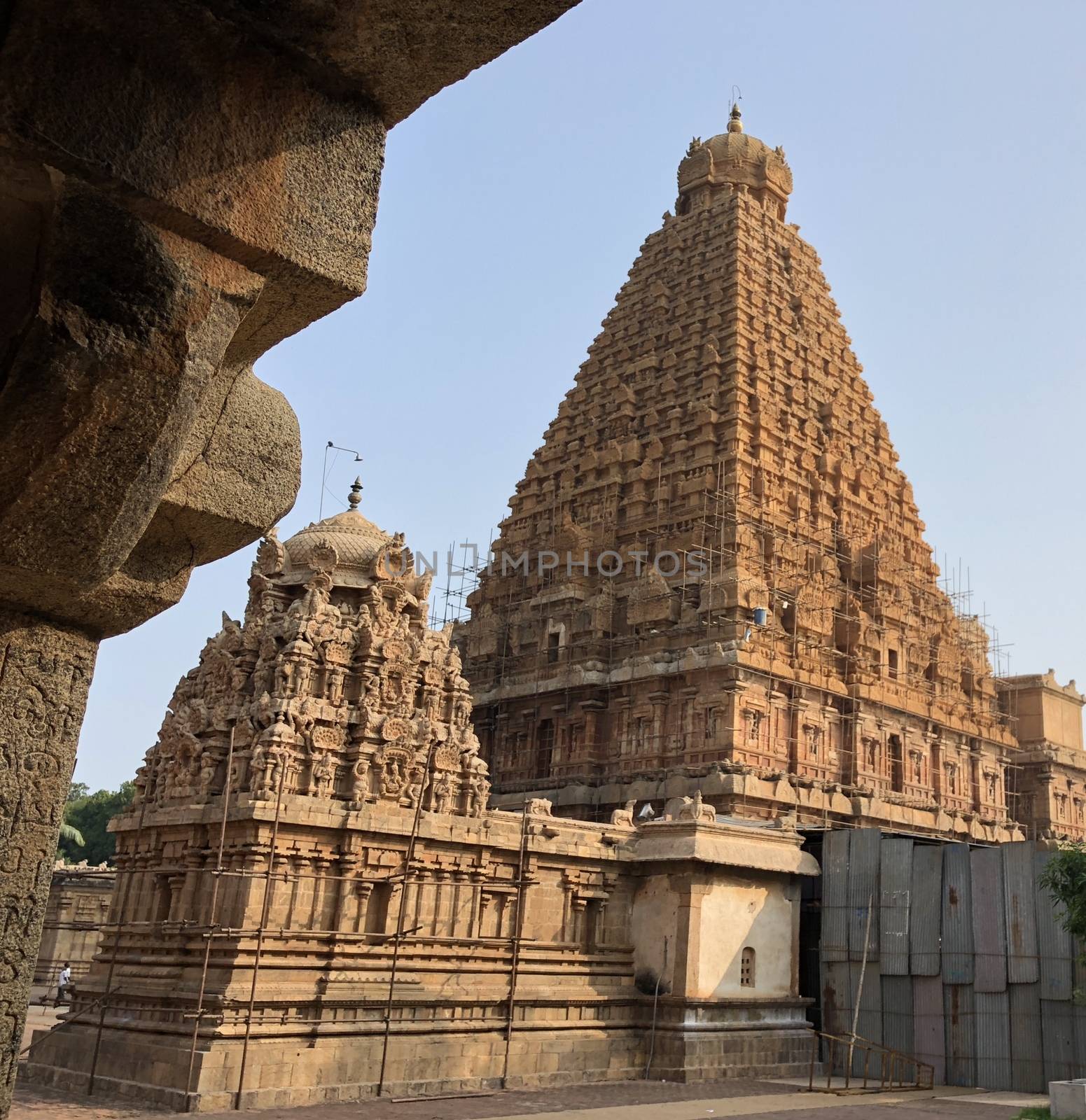 The Brihadisvara temple or Brihadeeswar temple located in Thanjavur, Tamilnadu built by Tamil King Raja Raja Chola-I between 1003 and 1010 AD. This is the Hindu temple built in Dravidian architecture style. The temple is entirely built with granite stones and the temple contains many monolithic sculptures in it. This temple is one of the `Great Living Chola Temples` and also tamil words are inscribed in the wall of the temple. This temple is dedicated to Lord shiva and it is a UNESCO World Heritage Site.