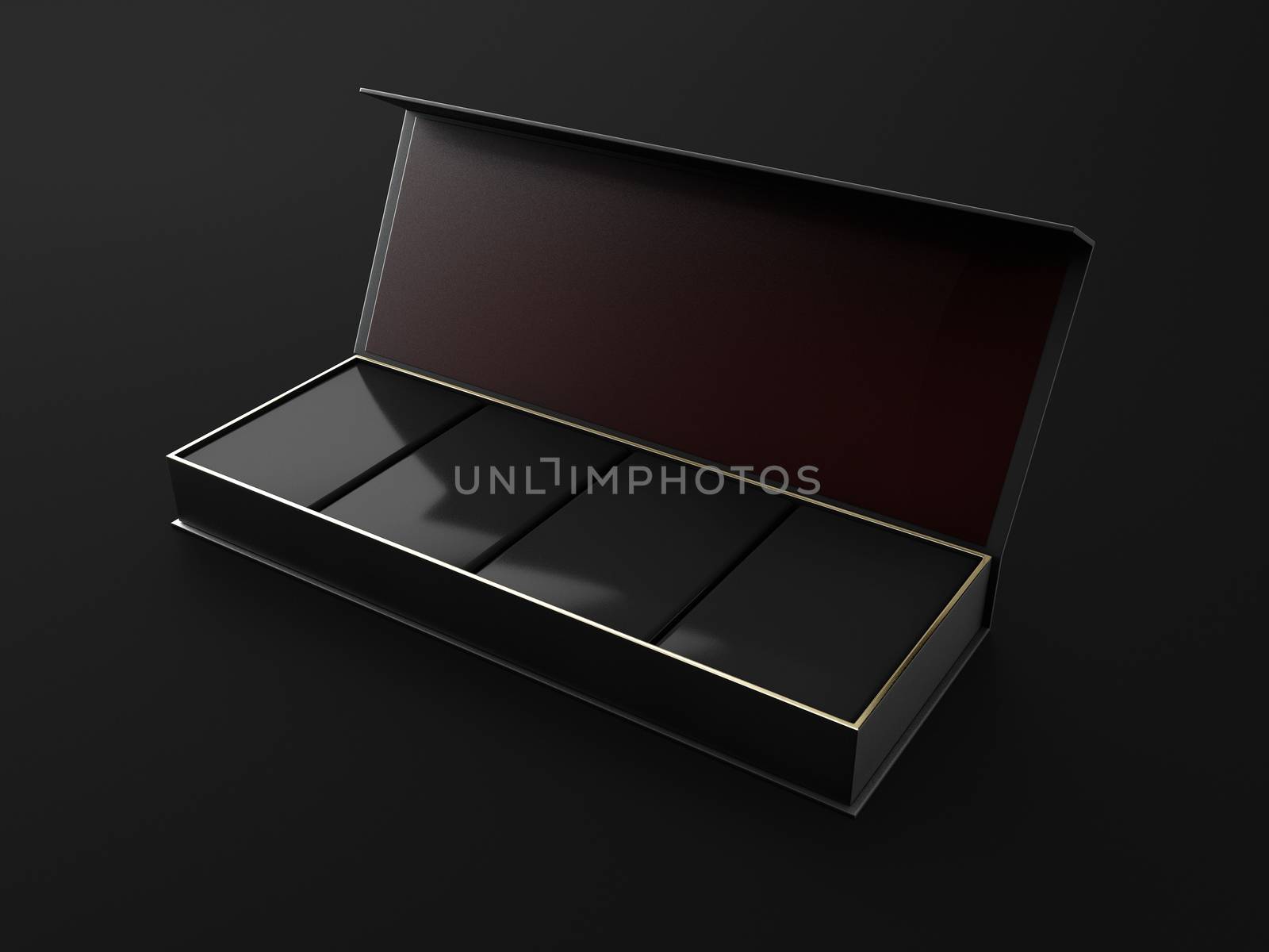 3d Illustration of Opened Square Black Box Mockup with four square box by tussik