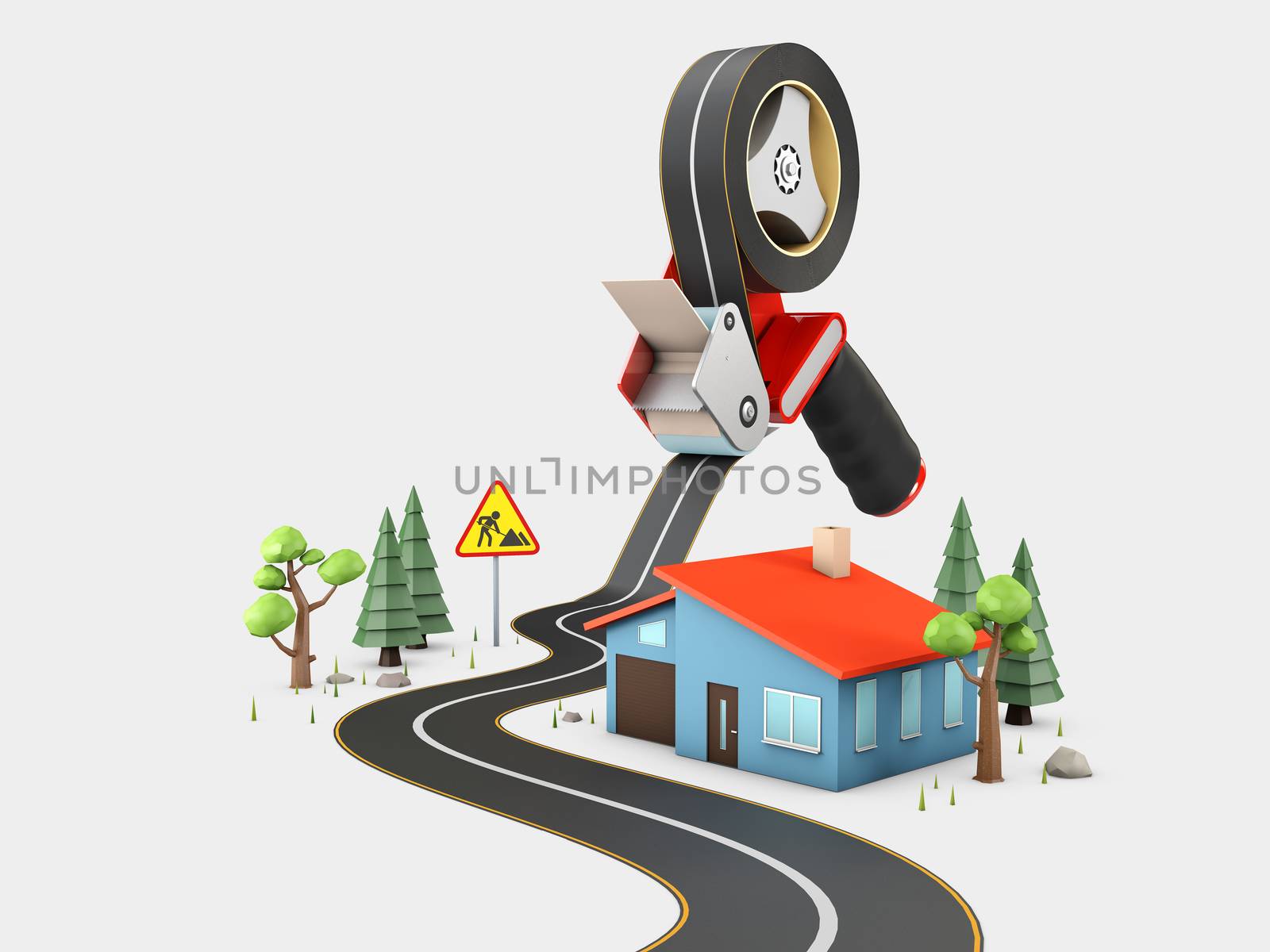 Curved road with white markings and tape dispenser. 3d illustration.