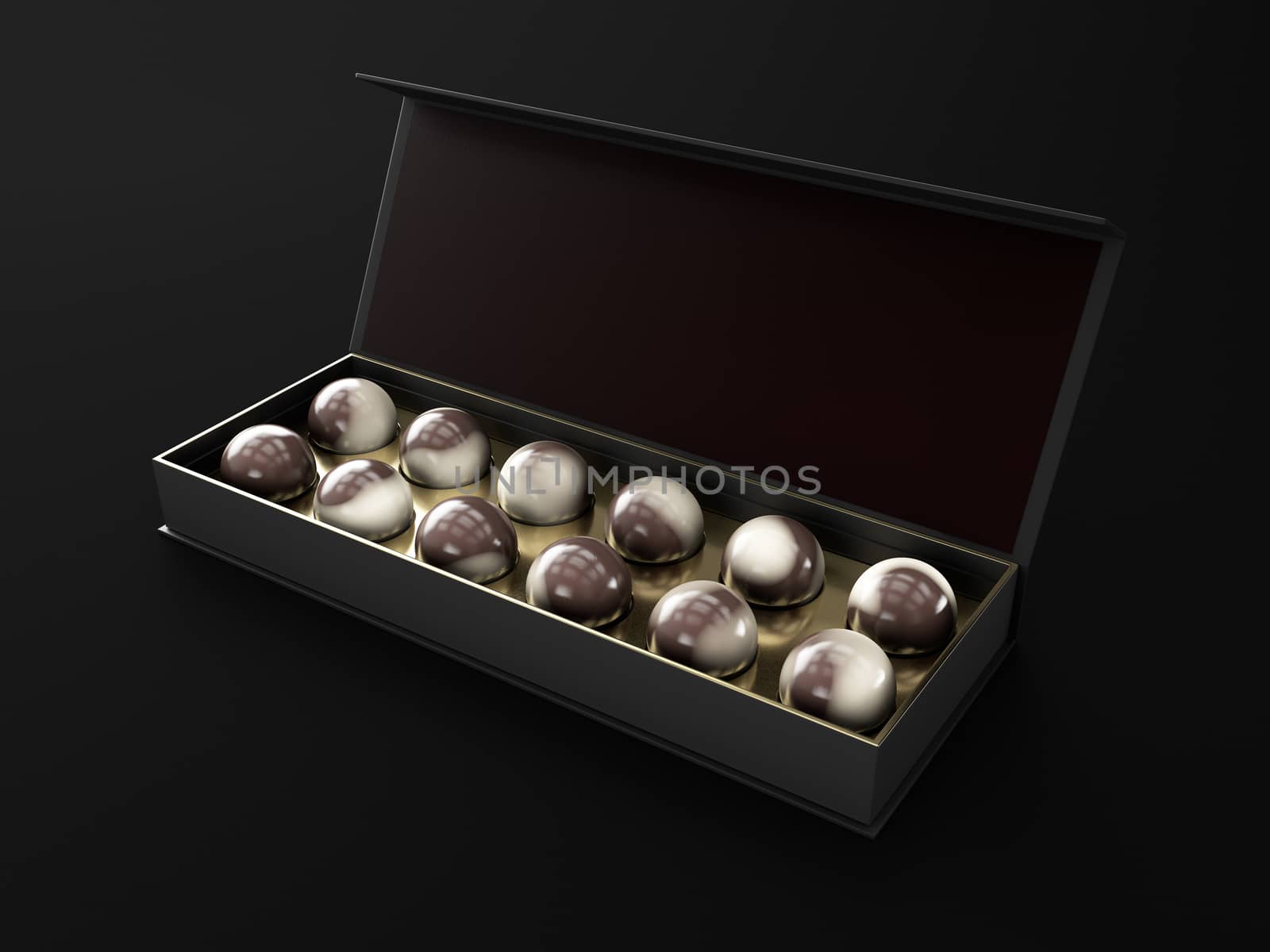 Chocolate in the luxury box isolated on dark background, 3d Illustration by tussik