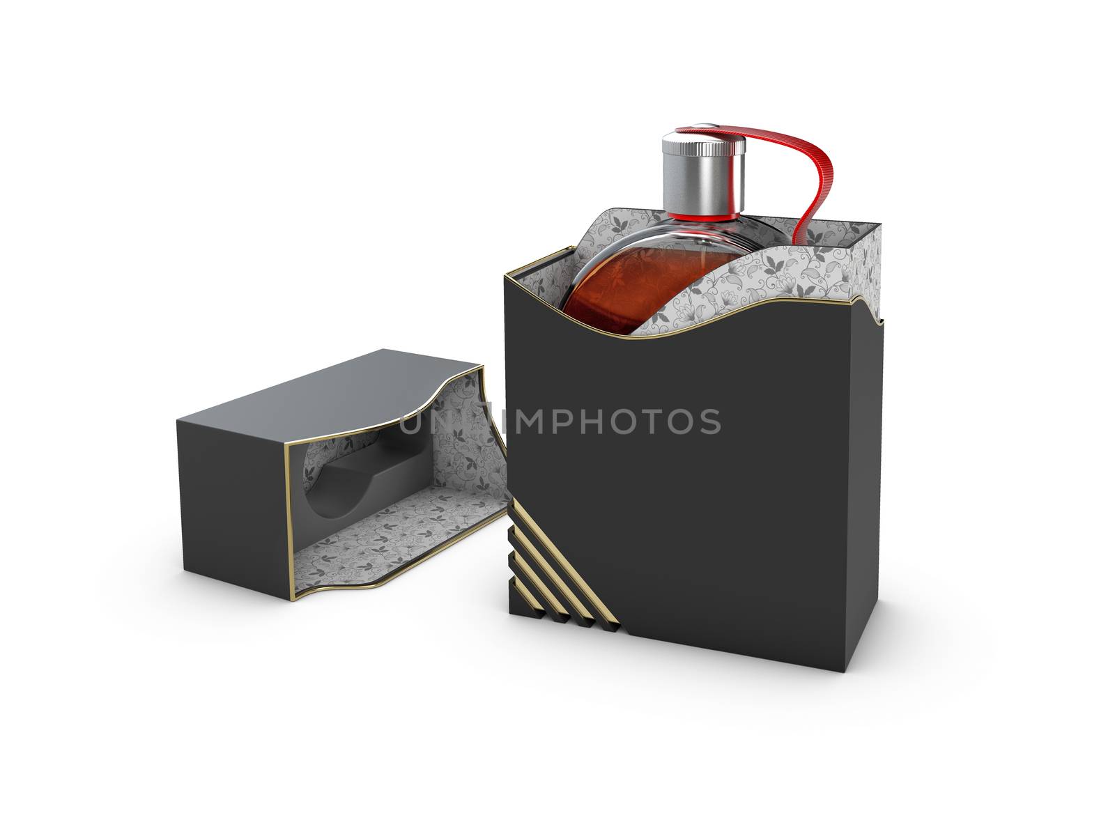 Perfume bottle in black and white box on white background. Concept of new scent promotion. 3d rendering by tussik