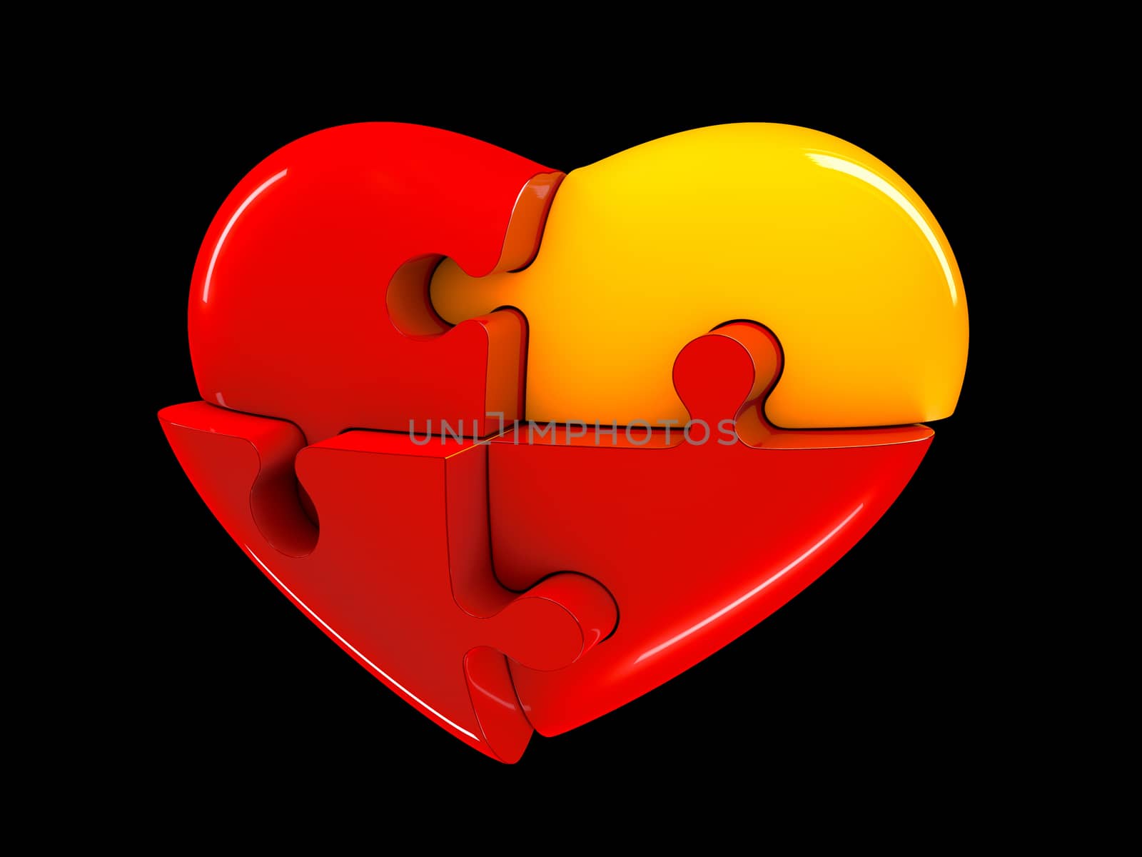 Red and yellow jigsaw puzzle heart diagram 3d illustration isolated on black background by tussik