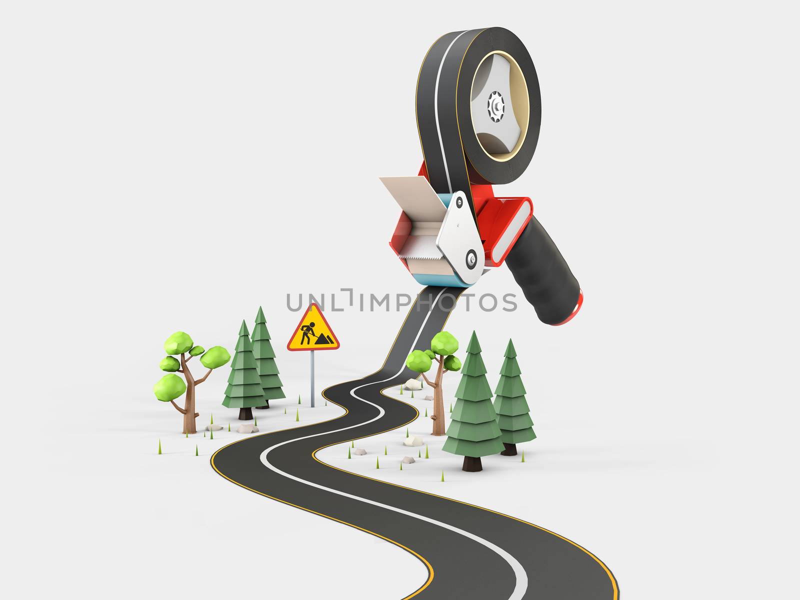 Curved road with white markings and tape dispenser. 3d illustration.
