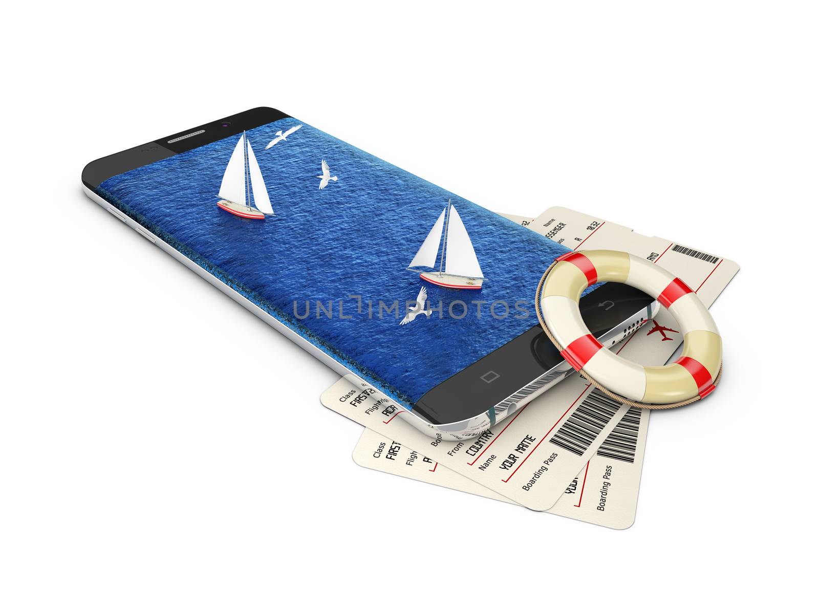 3d illustration of smartphone with sailboats on the water, On-line Travel Concept