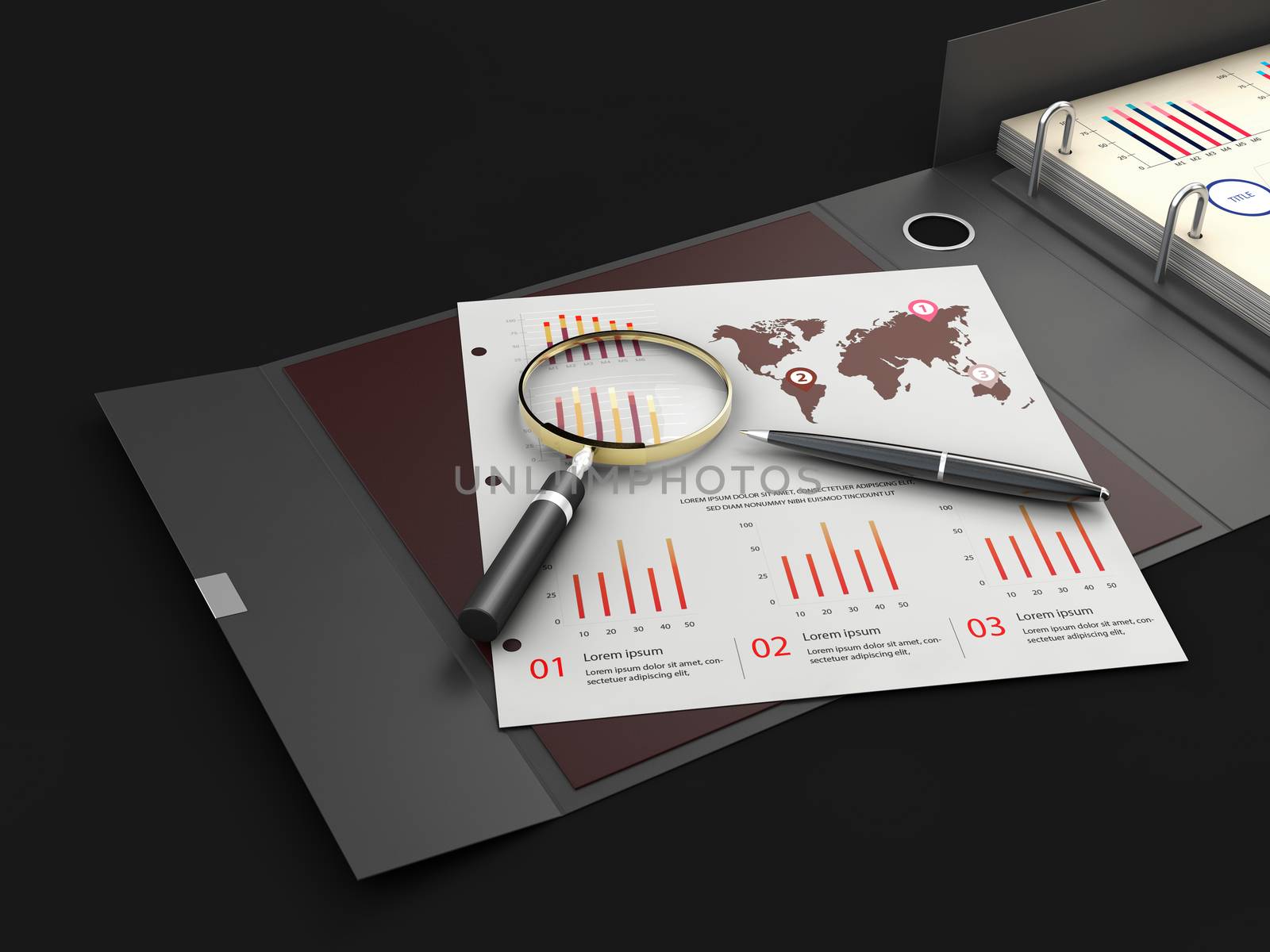 Ring binder folder with charts, 3d Illustration. Office cardboard folder branding presentation.