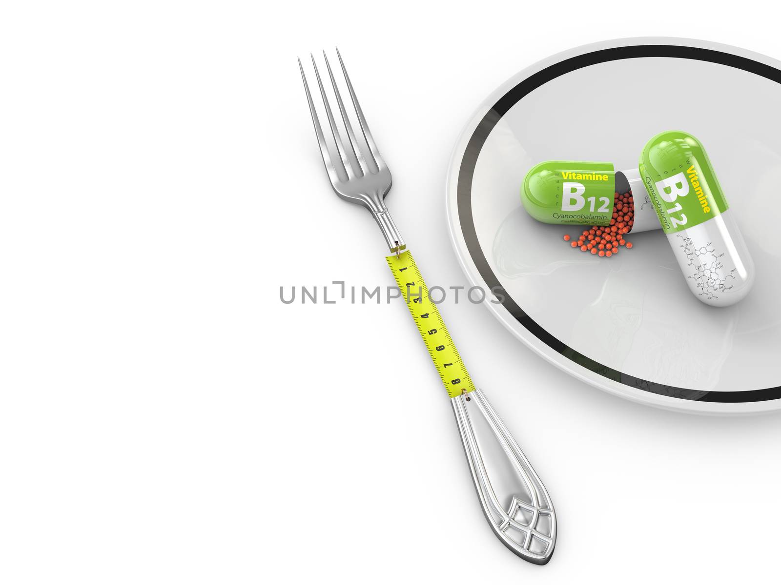 3d Illustration of Diet fresh mixed vegetables with measuring tape by tussik