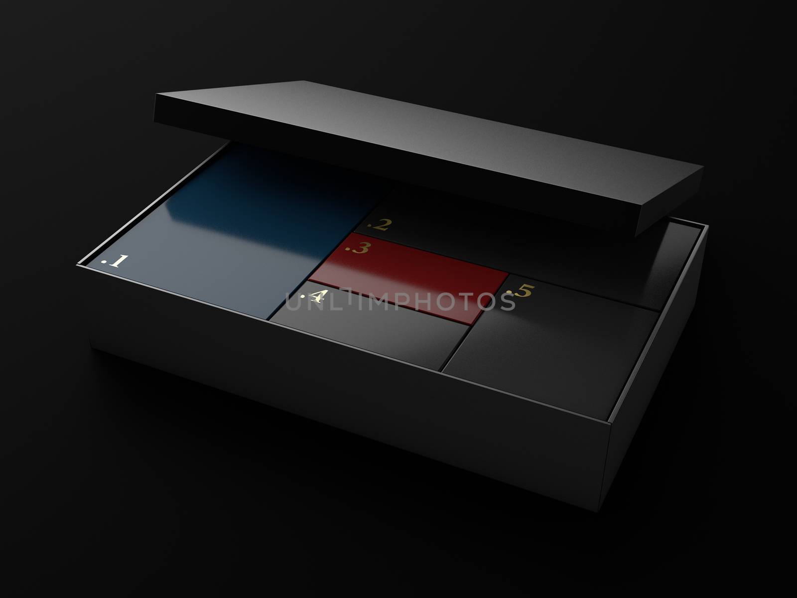 3d Illustration of Opened Square Black Box Mockup with five square box.