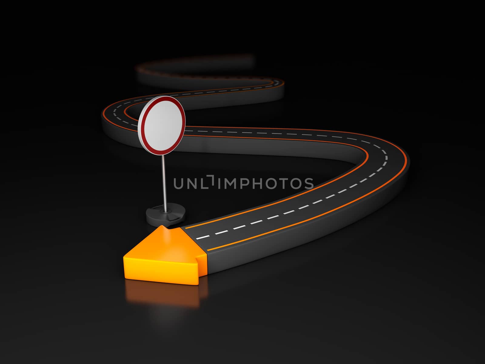 3d Illustration of highway arrow at the end of a road with road sign. by tussik