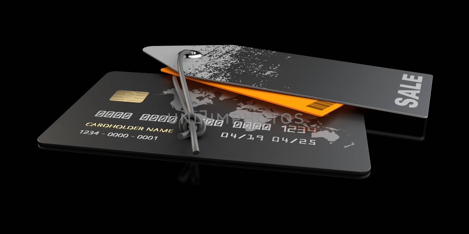 Credit card with price label with lettering isolated black, 3d Illustration.