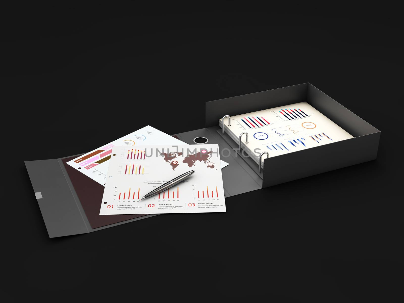 Ring binder folder with charts, 3d Illustration. Office cardboard folder branding presentation by tussik