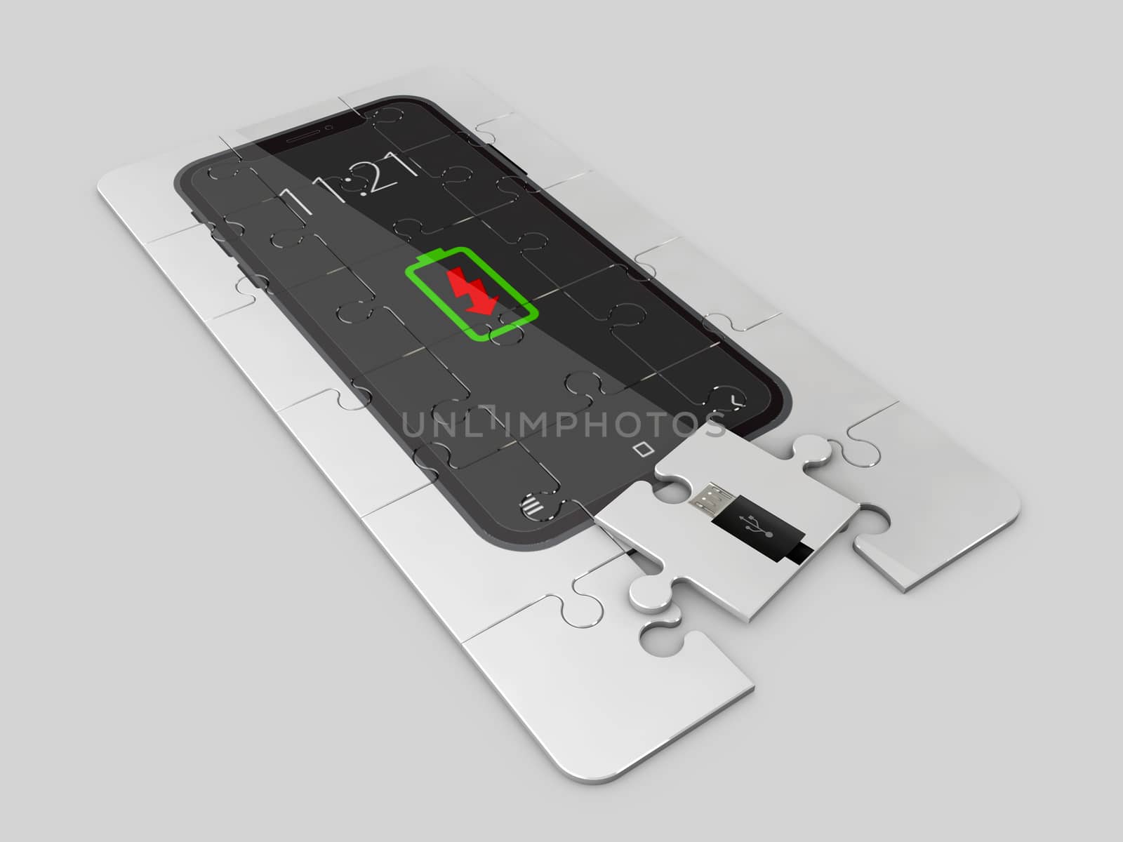 3D Illustration of concept with charging smartphone puzzle by tussik