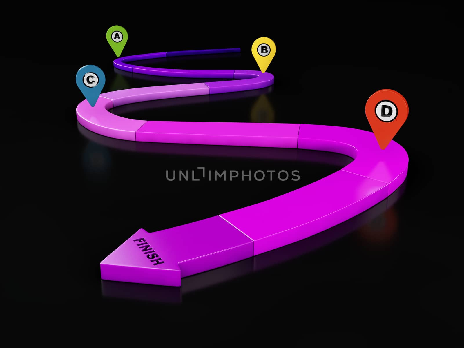 3d Illustration of pink line with arrow at the end and checkpoints by tussik