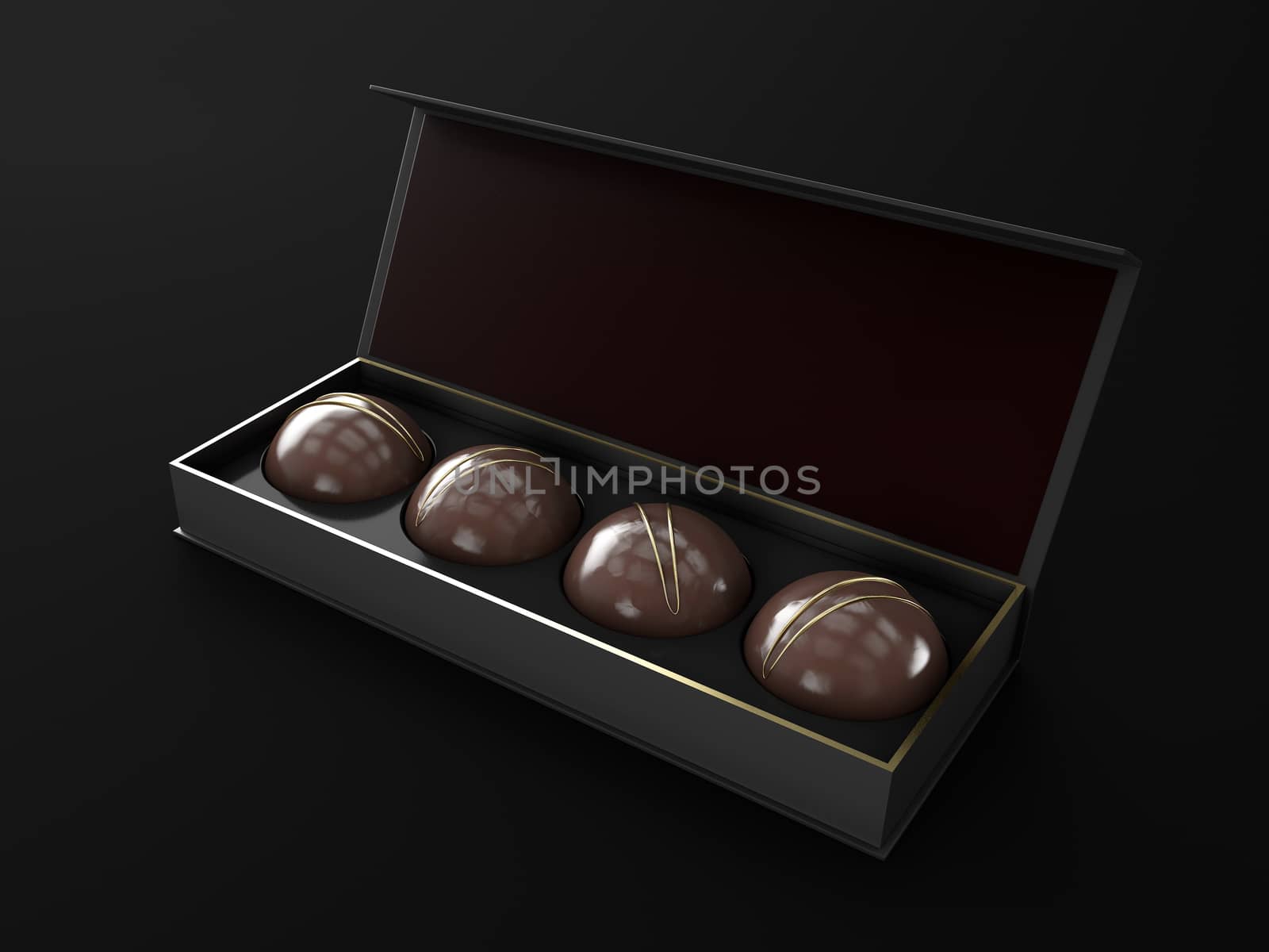 Chocolate in the luxury box isolated on dark background, 3d Illustration by tussik