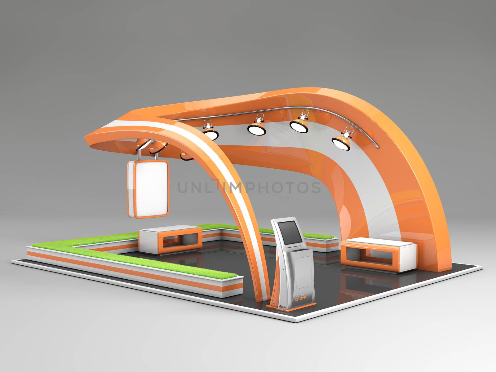 3d Illustrated unique creative exhibition stand display design with table and chair, info board, roll up by tussik