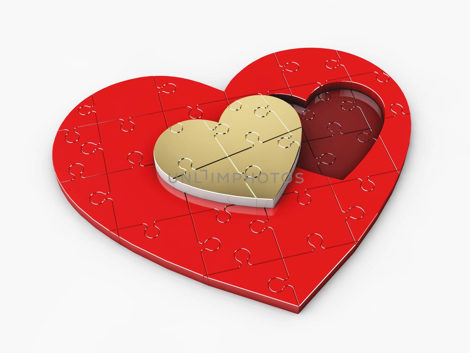 3d Illustration of the gold and red hearts of the puzzle by tussik