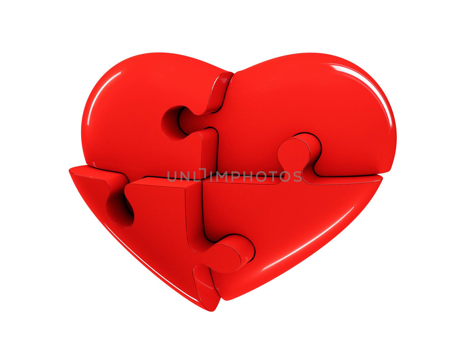 Red jigsaw puzzle heart diagram 3d illustration isolated on white background.