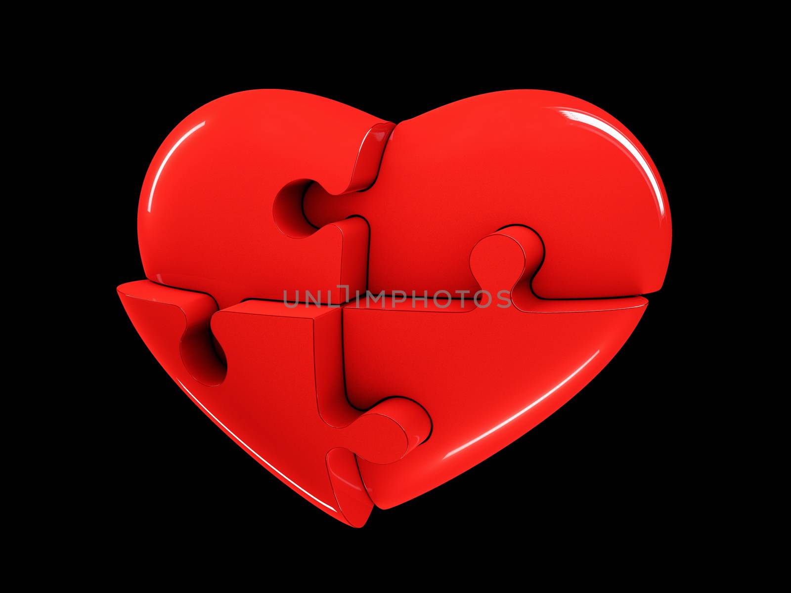 Red jigsaw puzzle heart diagram 3d illustration isolated on black background by tussik