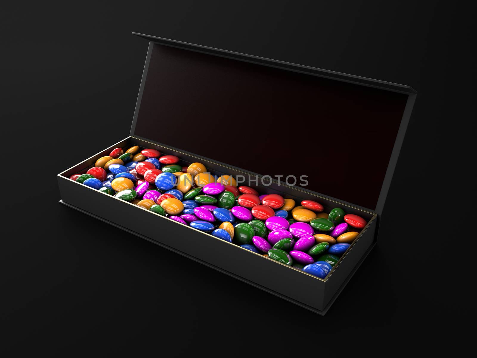 Colored chocolate in the luxury box isolated on dark background, 3d Illustration by tussik