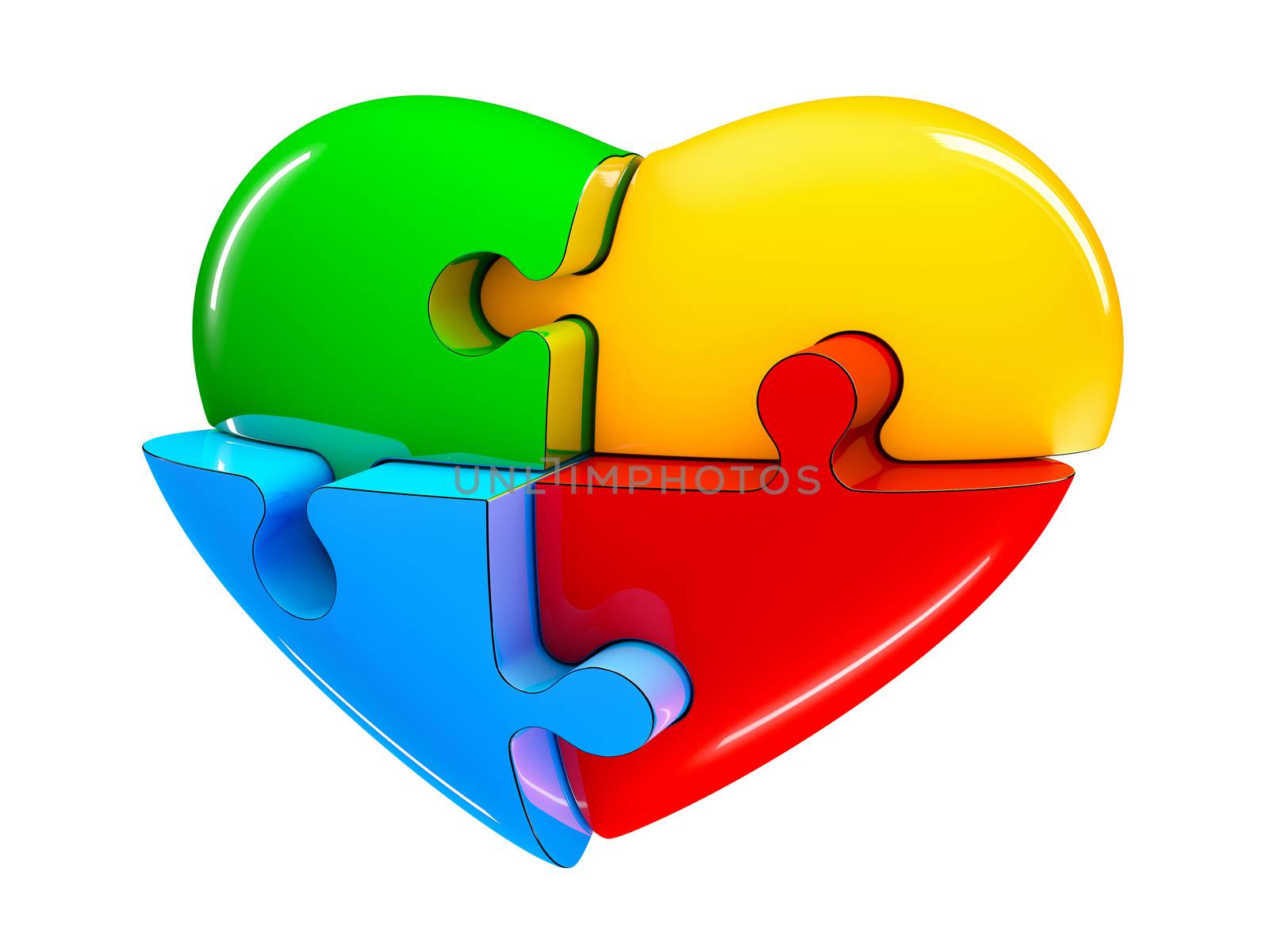 4 part jigsaw puzzle heart diagram 3d illustration isolated on white background.