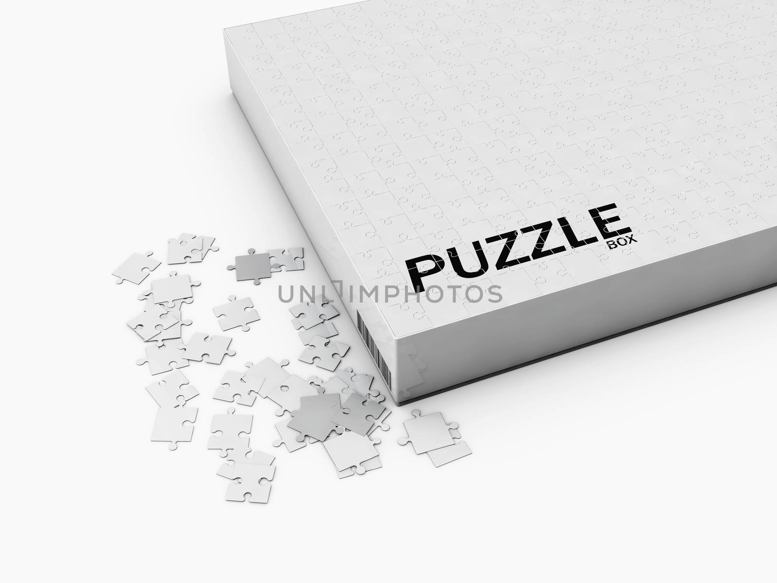 3d Illustration of Paper jigsaw puzzle box isolated on white background.