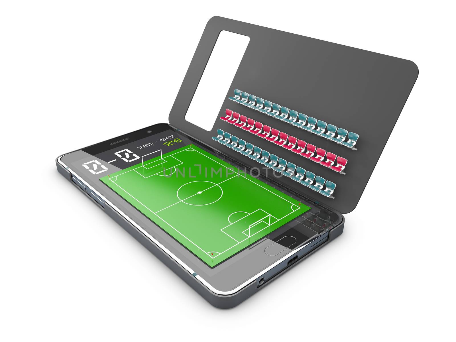 Smart phone as football field, watch online, bet online concept, 3d Illustration.