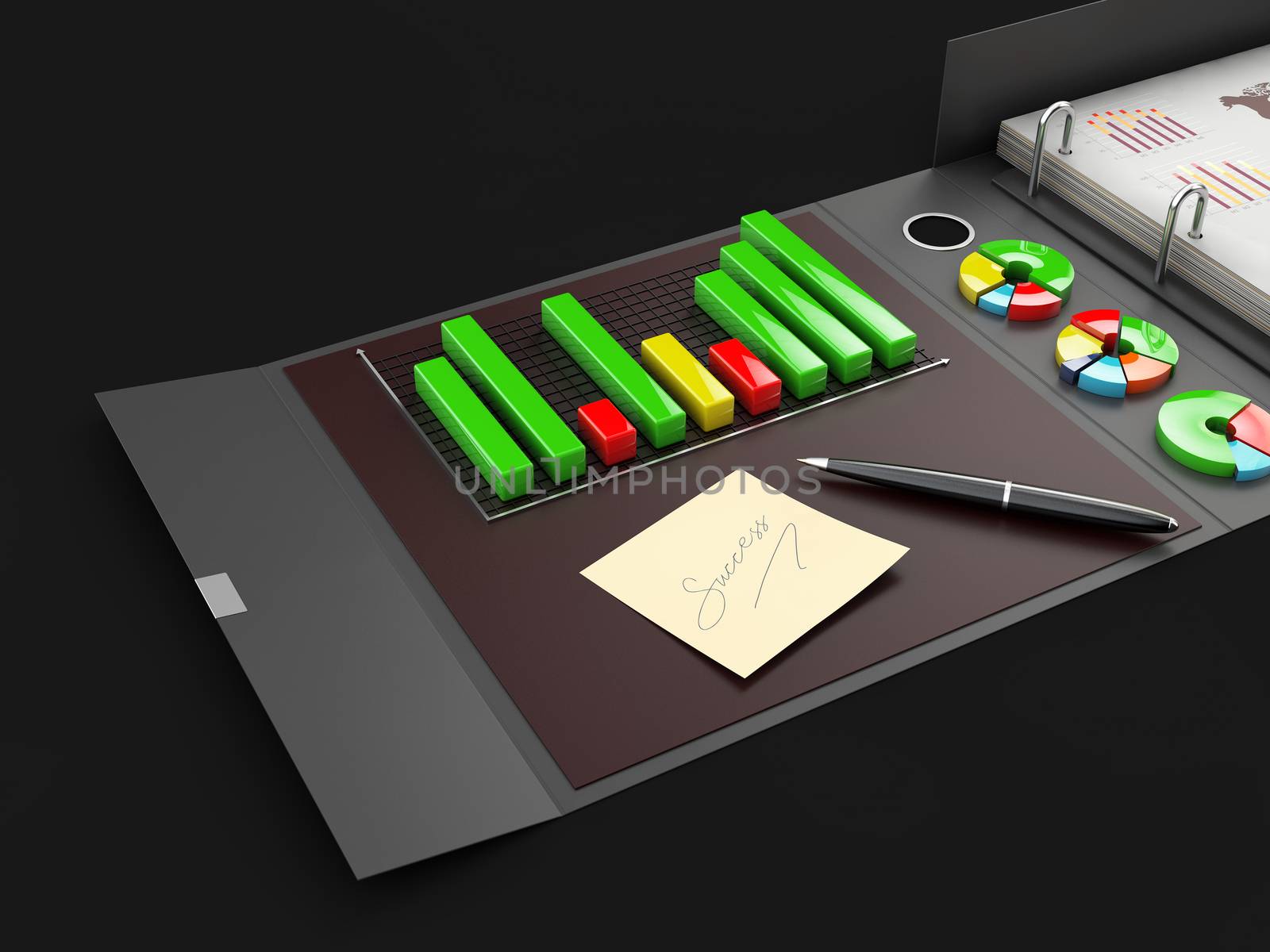 Ring binder folder with charts, 3d Illustration. Office cardboard folder branding presentation.