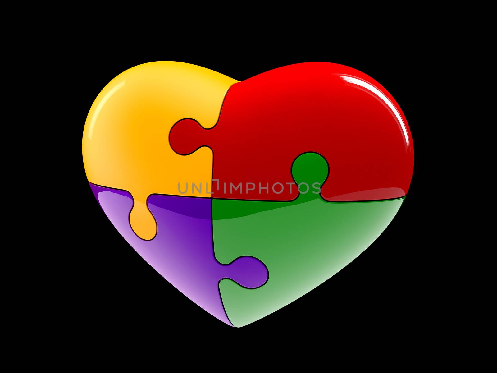 4 part jigsaw puzzle heart diagram 3d illustration isolated on black background.